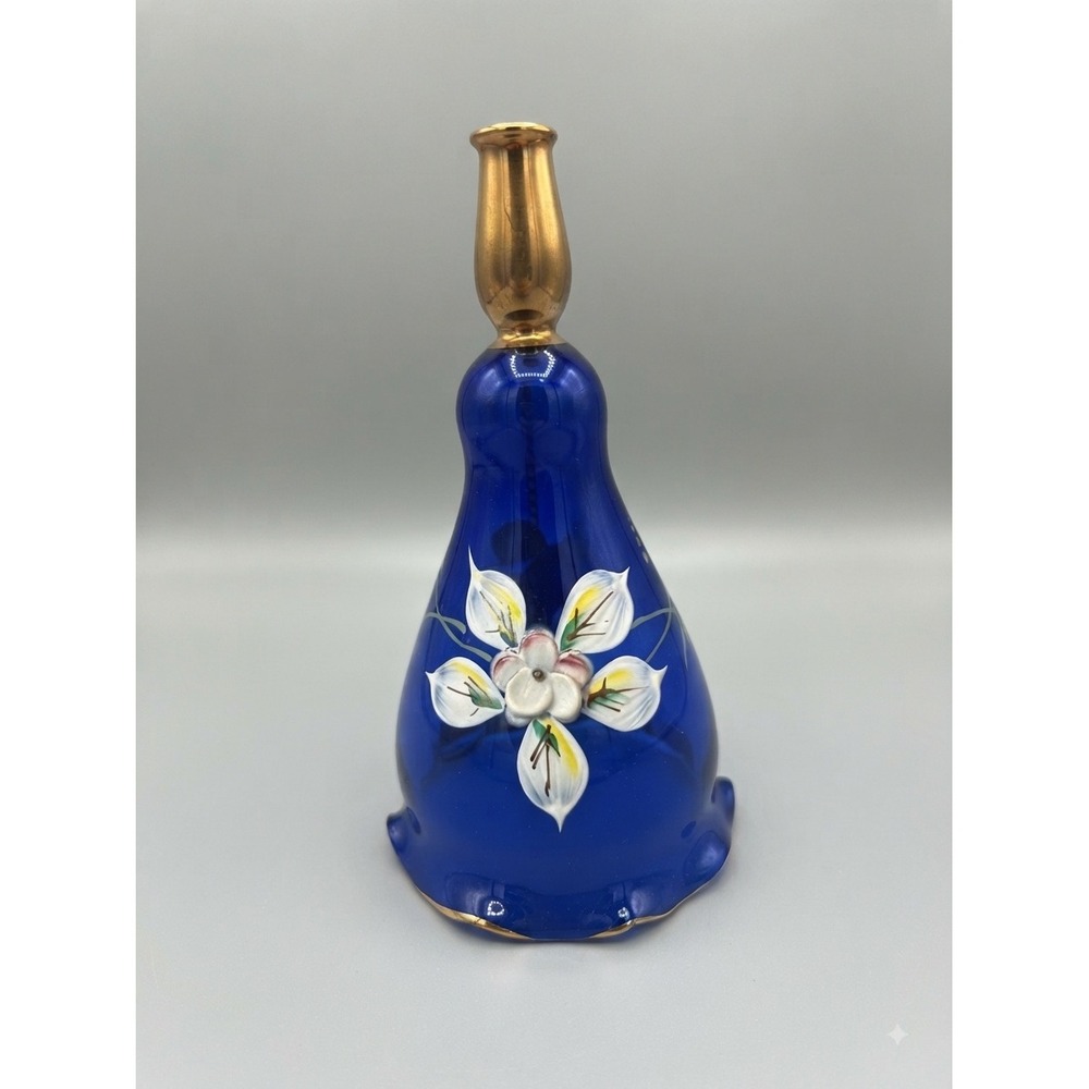 Vintage Fenton Cobalt Blue Glass Hand Painted Floral Dinner Bell Gold Trim Mini